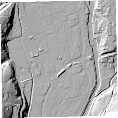 Shaded relief map of the ground around EX165NP, computed from Environment Agency LiDAR. The ground here sits at about 61 m above sea level and falls 59 m across the surrounding 800 m. Surface water reaching this point runs off ground lying to the north, 1.2 m higher.