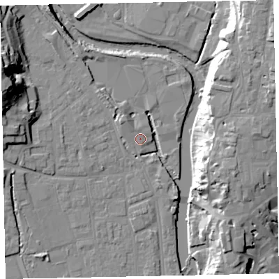 Shaded relief map of the ground around EX165NR, computed from Environment Agency LiDAR. The ground here sits at about 63 m above sea level and falls 27 m across the surrounding 800 m. Surface water reaching this point runs off ground lying to the north-west, 2.1 m higher.