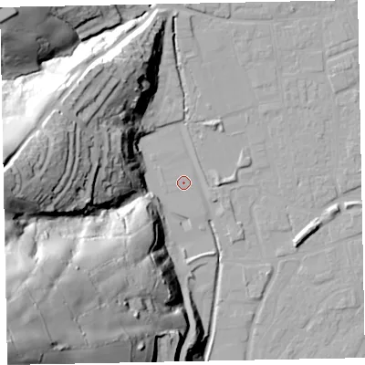 Shaded relief map of the ground around EX165NU, computed from Environment Agency LiDAR. The ground here sits at about 61 m above sea level and falls 102 m across the surrounding 800 m. The ground contributing surface water to this point lies to the west-south-west.