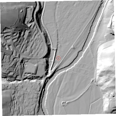 Shaded relief map of the ground around EX165NZ, computed from Environment Agency LiDAR. The ground here sits at about 58 m above sea level and falls 79 m across the surrounding 800 m. Surface water reaching this point runs off ground lying to the north, 1.3 m higher.