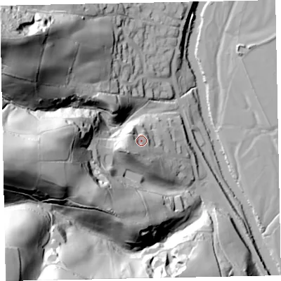 Shaded relief map of the ground around EX165PA, computed from Environment Agency LiDAR. The ground here sits at about 80 m above sea level and falls 101 m across the surrounding 800 m. Surface water reaching this point runs off ground lying to the south-west, 16.7 m higher.