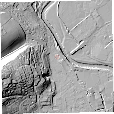 Shaded relief map of the ground around EX165QG, computed from Environment Agency LiDAR. The ground here sits at about 64 m above sea level and falls 55 m across the surrounding 800 m. Surface water reaching this point runs off ground lying to the west-south-west, 50.4 m higher.
