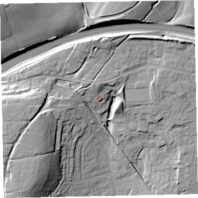Shaded relief map of the ground around EX166AB, computed from Environment Agency LiDAR. The ground here sits at about 82 m above sea level and falls 29 m across the surrounding 800 m. Surface water reaching this point runs off ground lying to the north, 5.2 m higher.