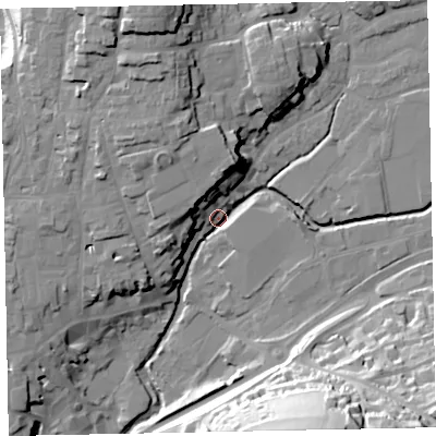 Shaded relief map of the ground around EX166BT, computed from Environment Agency LiDAR. The ground here sits at about 65 m above sea level and falls 43 m across the surrounding 800 m. Surface water reaching this point runs off ground lying to the north-north-west, 17.7 m higher.