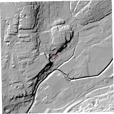 Shaded relief map of the ground around EX166BU, computed from Environment Agency LiDAR. The ground here sits at about 66 m above sea level and falls 25 m across the surrounding 800 m. Surface water reaching this point runs off ground lying to the north-west, 14.8 m higher.