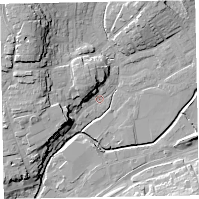 Shaded relief map of the ground around EX166DA, computed from Environment Agency LiDAR. The ground here sits at about 66 m above sea level and falls 25 m across the surrounding 800 m. Surface water reaching this point runs off ground lying to the north-west, 21.8 m higher.