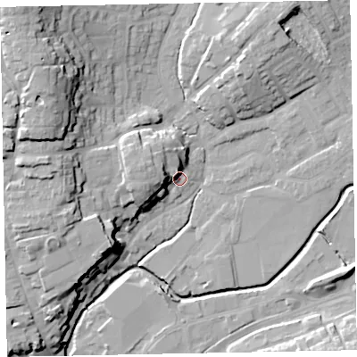 Shaded relief map of the ground around EX166DB, computed from Environment Agency LiDAR. The ground here sits at about 67 m above sea level and falls 25 m across the surrounding 800 m. Surface water reaching this point runs off ground lying to the west-north-west, 10.0 m higher.