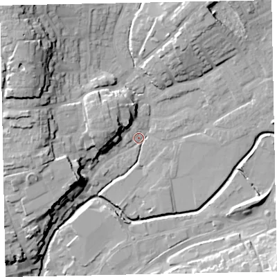 Shaded relief map of the ground around EX166DD, computed from Environment Agency LiDAR. The ground here sits at about 66 m above sea level and falls 25 m across the surrounding 800 m. Surface water reaching this point runs off ground lying to the north-west, 21.7 m higher.