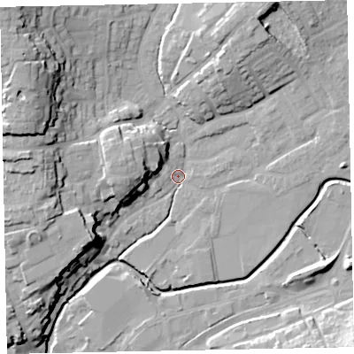 Shaded relief map of the ground around EX166DE, computed from Environment Agency LiDAR. The ground here sits at about 66 m above sea level and falls 25 m across the surrounding 800 m. Surface water reaching this point runs off ground lying to the north-west, 21.7 m higher.