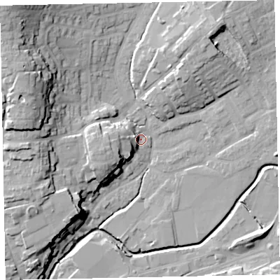 Shaded relief map of the ground around EX166DF, computed from Environment Agency LiDAR. The ground here sits at about 67 m above sea level and falls 26 m across the surrounding 800 m. Surface water reaching this point runs off ground lying to the west-south-west, 6.0 m higher.