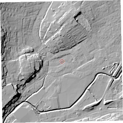 Shaded relief map of the ground around EX166DG, computed from Environment Agency LiDAR. The ground here sits at about 67 m above sea level and falls 20 m across the surrounding 800 m. Surface water reaching this point runs off ground lying to the east-north-east, 1.8 m higher.