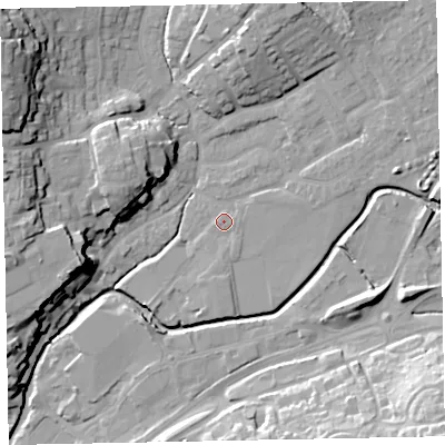 Shaded relief map of the ground around EX166DH, computed from Environment Agency LiDAR. The ground here sits at about 67 m above sea level and falls 25 m across the surrounding 800 m. Surface water reaching this point runs off ground lying to the east, 0.8 m higher.