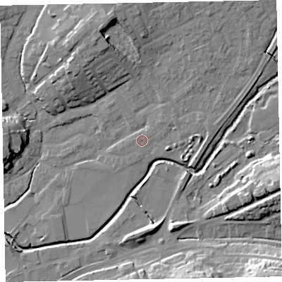 Shaded relief map of the ground around EX166DL, computed from Environment Agency LiDAR. The ground here sits at about 69 m above sea level and falls 20 m across the surrounding 800 m. Surface water reaching this point runs off ground lying to the east-north-east, 1.4 m higher.