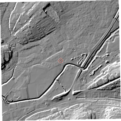 Shaded relief map of the ground around EX166DN, computed from Environment Agency LiDAR. The ground here sits at about 69 m above sea level and falls 21 m across the surrounding 800 m. Surface water reaching this point runs off ground lying to the north-east, 1.5 m higher.