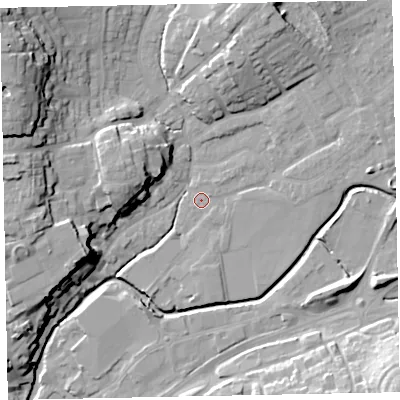 Shaded relief map of the ground around EX166DQ, computed from Environment Agency LiDAR. The ground here sits at about 66 m above sea level and falls 25 m across the surrounding 800 m. Surface water reaching this point runs off ground lying to the north-north-east, 10.6 m higher.