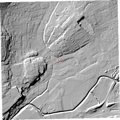 Shaded relief map of the ground around EX166EF, computed from Environment Agency LiDAR. The ground here sits at about 68 m above sea level and falls 26 m across the surrounding 800 m. Surface water reaching this point runs off ground lying to the north-north-east, 9.8 m higher.
