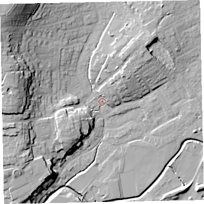 Shaded relief map of the ground around EX166EG, computed from Environment Agency LiDAR. The ground here sits at about 68 m above sea level and falls 29 m across the surrounding 800 m. Surface water reaching this point runs off ground lying to the north-north-east, 5.1 m higher.