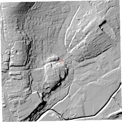 Shaded relief map of the ground around EX166EQ, computed from Environment Agency LiDAR. The ground here sits at about 68 m above sea level and falls 28 m across the surrounding 800 m. Surface water reaching this point runs off ground lying to the north-west, 24.5 m higher.