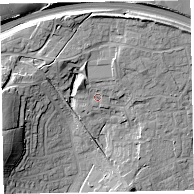 Shaded relief map of the ground around EX166FB, computed from Environment Agency LiDAR. The ground here sits at about 79 m above sea level and falls 24 m across the surrounding 800 m. Surface water reaching this point runs off ground lying to the north-north-east, 6.2 m higher.