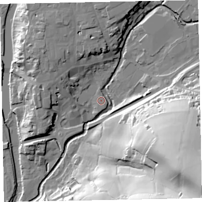 Shaded relief map of the ground around EX166FF, computed from Environment Agency LiDAR. The ground here sits at about 64 m above sea level and falls 88 m across the surrounding 800 m. Surface water reaching this point runs off ground lying to the south-east, 0.5 m higher.