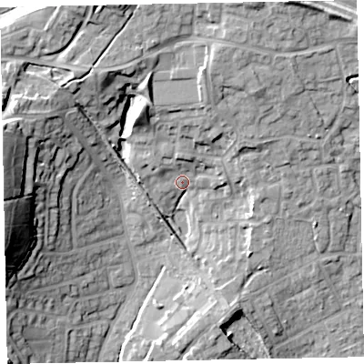 Shaded relief map of the ground around EX166FG, computed from Environment Agency LiDAR. The ground here sits at about 76 m above sea level and falls 24 m across the surrounding 800 m. Surface water reaching this point runs off ground lying to the north-north-west, 15.0 m higher.