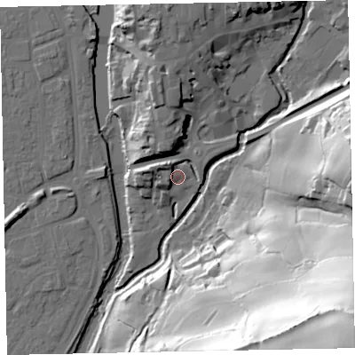 Shaded relief map of the ground around EX166FL, computed from Environment Agency LiDAR. The ground here sits at about 62 m above sea level and falls 105 m across the surrounding 800 m. Surface water reaching this point runs off ground lying to the north-west, 6.8 m higher.