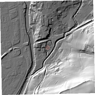 Shaded relief map of the ground around EX166FN, computed from Environment Agency LiDAR. The ground here sits at about 62 m above sea level and falls 106 m across the surrounding 800 m. Surface water reaching this point runs off ground lying to the north-north-west, 6.8 m higher.