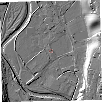 Shaded relief map of the ground around EX166FP, computed from Environment Agency LiDAR. The ground here sits at about 64 m above sea level and falls 33 m across the surrounding 800 m. Surface water reaching this point runs off ground lying to the north-north-east, 1.8 m higher.