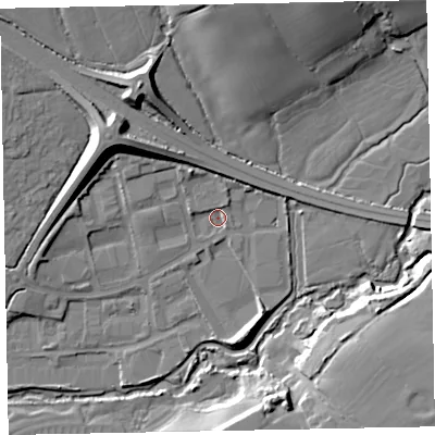 Shaded relief map of the ground around EX166FR, computed from Environment Agency LiDAR. The ground here sits at about 74 m above sea level and falls 20 m across the surrounding 800 m. Surface water reaching this point runs off ground lying to the west-north-west, 2.1 m higher.