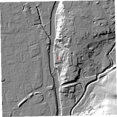 Shaded relief map of the ground around EX166FT, computed from Environment Agency LiDAR. The ground here sits at about 62 m above sea level and falls 43 m across the surrounding 800 m. Surface water reaching this point runs off ground lying to the north-east, 6.5 m higher.
