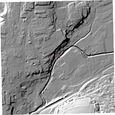 Shaded relief map of the ground around EX166GD, computed from Environment Agency LiDAR. The ground here sits at about 66 m above sea level and falls 49 m across the surrounding 800 m. Surface water reaching this point runs off ground lying to the north-north-west, 17.7 m higher.