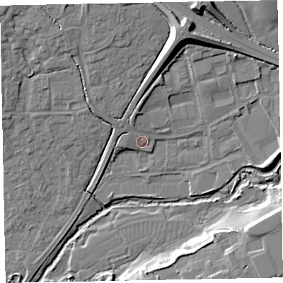 Shaded relief map of the ground around EX166GT, computed from Environment Agency LiDAR. The ground here sits at about 74 m above sea level and falls 19 m across the surrounding 800 m. Surface water reaching this point runs off ground lying to the north-north-east, 12.5 m higher.