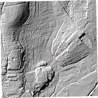 Shaded relief map of the ground around EX166JN, computed from Environment Agency LiDAR. The ground here sits at about 69 m above sea level and falls 29 m across the surrounding 800 m. Surface water reaching this point runs off ground lying to the east-north-east, 4.7 m higher.