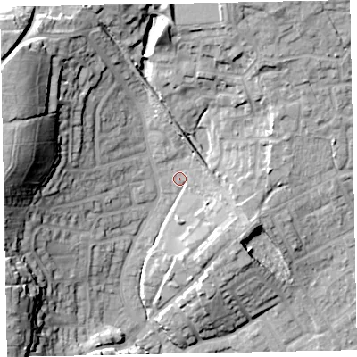 Shaded relief map of the ground around EX166JR, computed from Environment Agency LiDAR. The ground here sits at about 71 m above sea level and falls 27 m across the surrounding 800 m. Surface water reaching this point runs off ground lying to the north, 13.2 m higher.