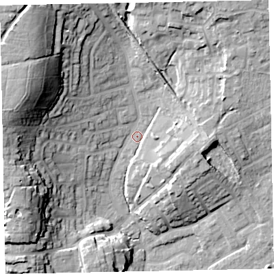 Shaded relief map of the ground around EX166JW, computed from Environment Agency LiDAR. The ground here sits at about 70 m above sea level and falls 28 m across the surrounding 800 m. Surface water reaching this point runs off ground lying to the north-west, 24.0 m higher.