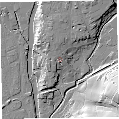 Shaded relief map of the ground around EX166LU, computed from Environment Agency LiDAR. The ground here sits at about 71 m above sea level and falls 58 m across the surrounding 800 m. Surface water reaching this point runs off ground lying to the west, 4.7 m higher.