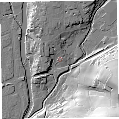 Shaded relief map of the ground around EX166NB, computed from Environment Agency LiDAR. The ground here sits at about 65 m above sea level and falls 83 m across the surrounding 800 m. Surface water reaching this point runs off ground lying to the west-north-west, 8.5 m higher.