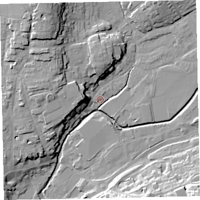 Shaded relief map of the ground around EX166ND, computed from Environment Agency LiDAR. The ground here sits at about 66 m above sea level and falls 28 m across the surrounding 800 m. Surface water reaching this point runs off ground lying to the north-north-west, 23.0 m higher.