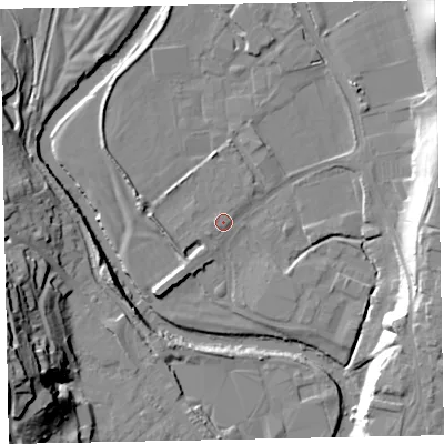 Shaded relief map of the ground around EX166NP, computed from Environment Agency LiDAR. The ground here sits at about 64 m above sea level and falls 32 m across the surrounding 800 m. Surface water reaching this point runs off ground lying to the south-west, 1.1 m higher.