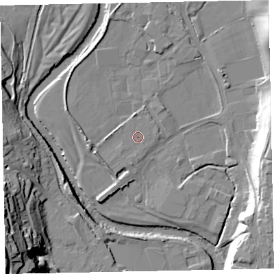 Shaded relief map of the ground around EX166NT, computed from Environment Agency LiDAR. The ground here sits at about 63 m above sea level and falls 34 m across the surrounding 800 m. Surface water reaching this point runs off ground lying to the north, 1.4 m higher.