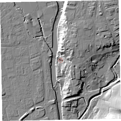 Shaded relief map of the ground around EX166PE, computed from Environment Agency LiDAR. The ground here sits at about 63 m above sea level and falls 29 m across the surrounding 800 m. Surface water reaching this point runs off ground lying to the north-east, 15.2 m higher.