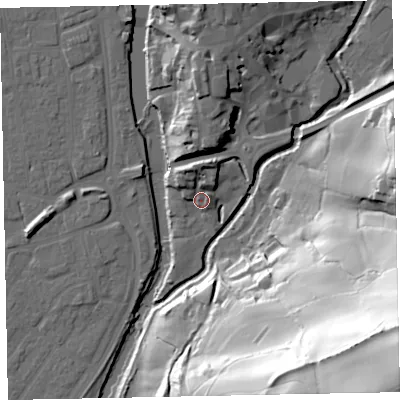 Shaded relief map of the ground around EX166PL, computed from Environment Agency LiDAR. The ground here sits at about 62 m above sea level and falls 101 m across the surrounding 800 m. Surface water reaching this point runs off ground lying to the north-north-west, 8.1 m higher.