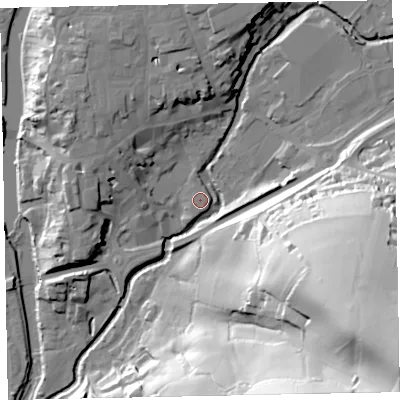 Shaded relief map of the ground around EX166PP, computed from Environment Agency LiDAR. The ground here sits at about 64 m above sea level and falls 88 m across the surrounding 800 m. The ground contributing surface water to this point lies to the east-south-east.