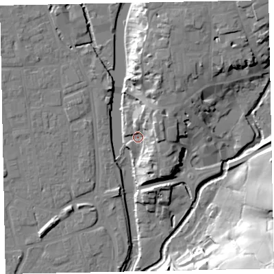 Shaded relief map of the ground around EX166PQ, computed from Environment Agency LiDAR. The ground here sits at about 62 m above sea level and falls 51 m across the surrounding 800 m. Surface water reaching this point runs off ground lying to the east-north-east, 12.1 m higher.