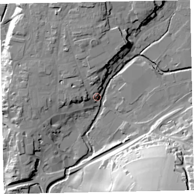 Shaded relief map of the ground around EX166PS, computed from Environment Agency LiDAR. The ground here sits at about 70 m above sea level and falls 66 m across the surrounding 800 m. Surface water reaching this point runs off ground lying to the north, 14.1 m higher.