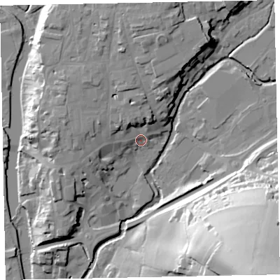 Shaded relief map of the ground around EX166QB, computed from Environment Agency LiDAR. The ground here sits at about 67 m above sea level and falls 77 m across the surrounding 800 m. Surface water reaching this point runs off ground lying to the north, 13.3 m higher.