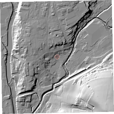 Shaded relief map of the ground around EX166QE, computed from Environment Agency LiDAR. The ground here sits at about 65 m above sea level and falls 81 m across the surrounding 800 m. Surface water reaching this point runs off ground lying to the north-west, 11.4 m higher.