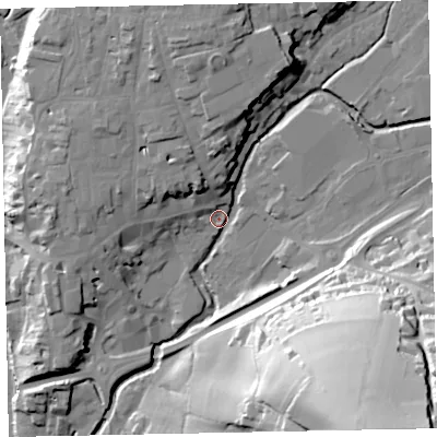 Shaded relief map of the ground around EX166QG, computed from Environment Agency LiDAR. The ground here sits at about 64 m above sea level and falls 77 m across the surrounding 800 m. Surface water reaching this point runs off ground lying to the north, 17.4 m higher.