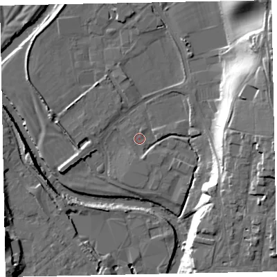 Shaded relief map of the ground around EX166RZ, computed from Environment Agency LiDAR. The ground here sits at about 63 m above sea level and falls 30 m across the surrounding 800 m. Surface water reaching this point runs off ground lying to the south-south-east, 1.8 m higher.
