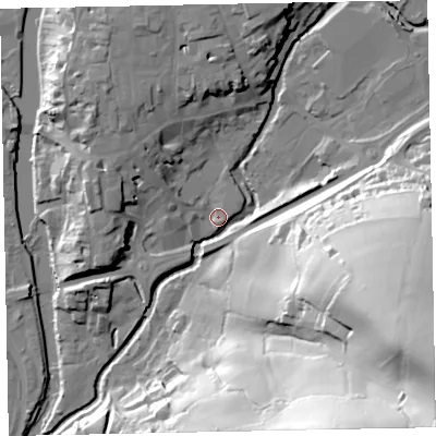 Shaded relief map of the ground around EX166SA, computed from Environment Agency LiDAR. The ground here sits at about 64 m above sea level and falls 84 m across the surrounding 800 m. Surface water reaching this point runs off ground lying to the east-south-east, 78.2 m higher.
